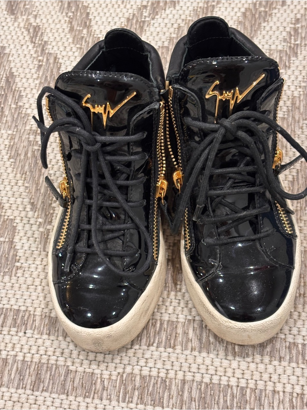 Giuseppe Zanotti Black Patent High-Top Sneakers with Gold Accents